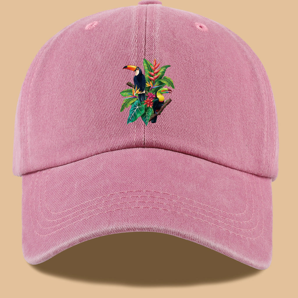 1pc Tropical Rainforest Theme Toucan Print Baseball Cap, Tropical Plant Floral Pattern Sun Hat, Fashionable And Individual Aesthetic Unisex Baseball Cap, Adjustable Size Outdoor Casual Sun Hat, Suitable for Vacation, Travel, Camping, Picnic