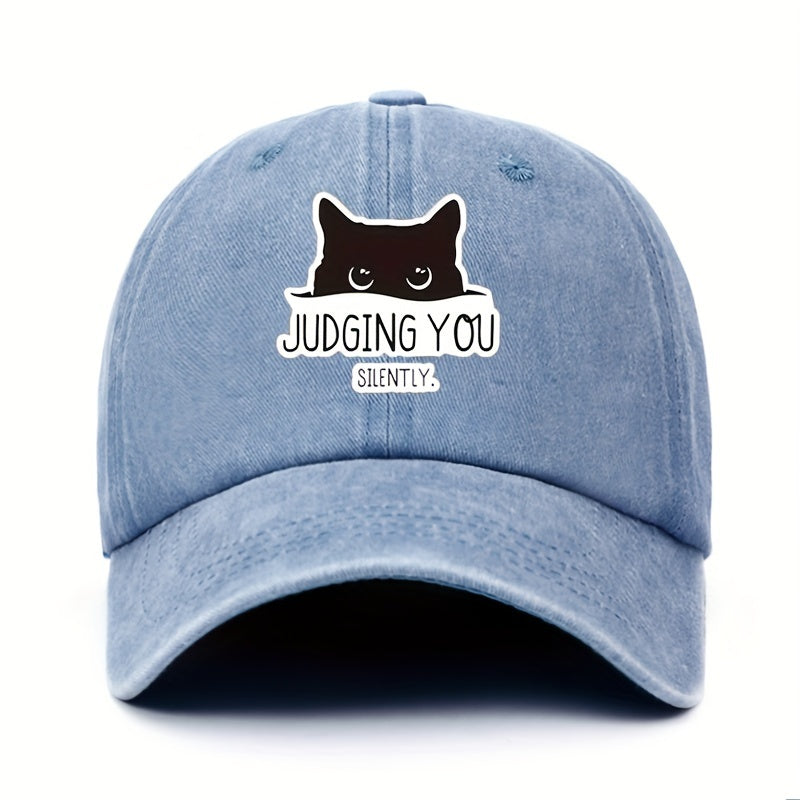 Vintage-Style Adjustable Baseball Cap Featuring a Cat Design with The Words "Silently Judging You"