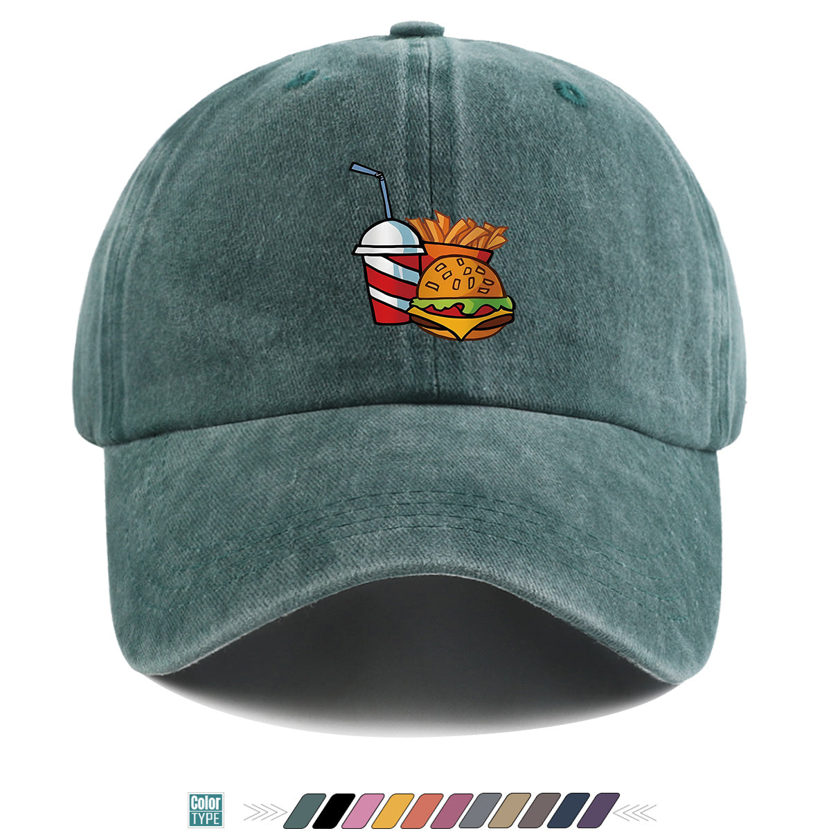 1pc Fast Food Theme Hamburger Fries Drink Print Baseball Cap, Fashion Trendy Sun Hat, Easy Personalized Design, Unisex Duckbill Cap, Adjustable Size, Street Style Hip-Hop Hat, Casual Sunshade Hat, Suitable for Shopping, Parties, Picnics, Travel
