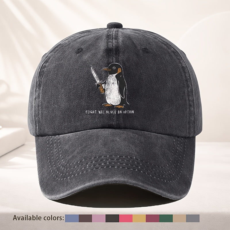 Unisex Baseball Cap, Vintage Cute Penguin Fun Print Baseball Cap, Adjustable for Men And Women, Quirky Street Style with Distressed Look, Top Choice for Personalized Outfits, Washed-Out Effect, Everyday Casual Hat