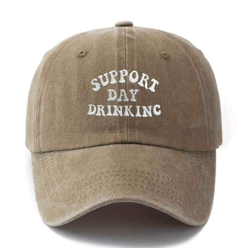 "SUPPORT DAY DRINKING" Baseball Cap - Curved Brim Trucker Hat Suitable for Outdoor Vacations, Camping, Casual Wear, Hand Washable Textile Cap with Phrase, for Day Drinking Events & Everyday Use