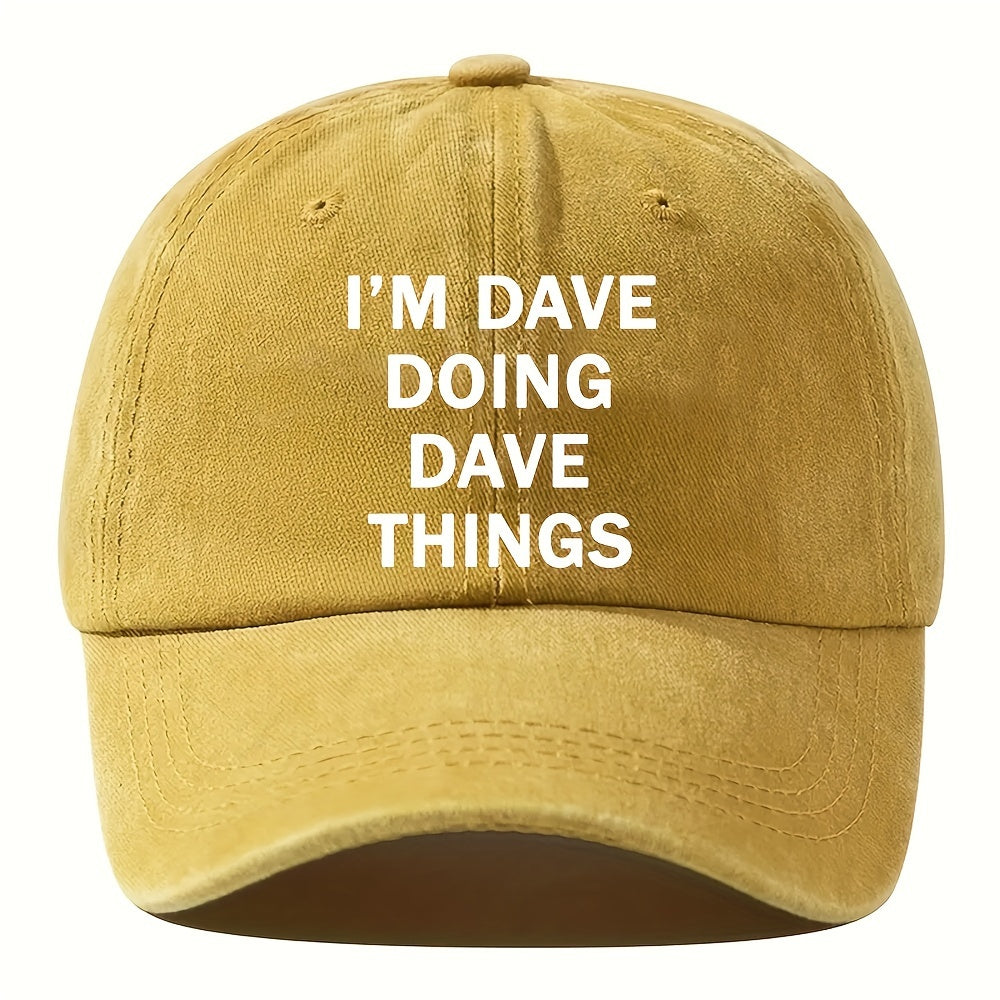 ATHACER Men'S "I'm Dave Things" Vintage Baseball Cap - Retro Washed Black Hat with Bold Text, Lightweight & Breathable for Outdoor Fashion, Hand Wash Only, Outdoor Headwear, Casual Headgear, Distressed Texture