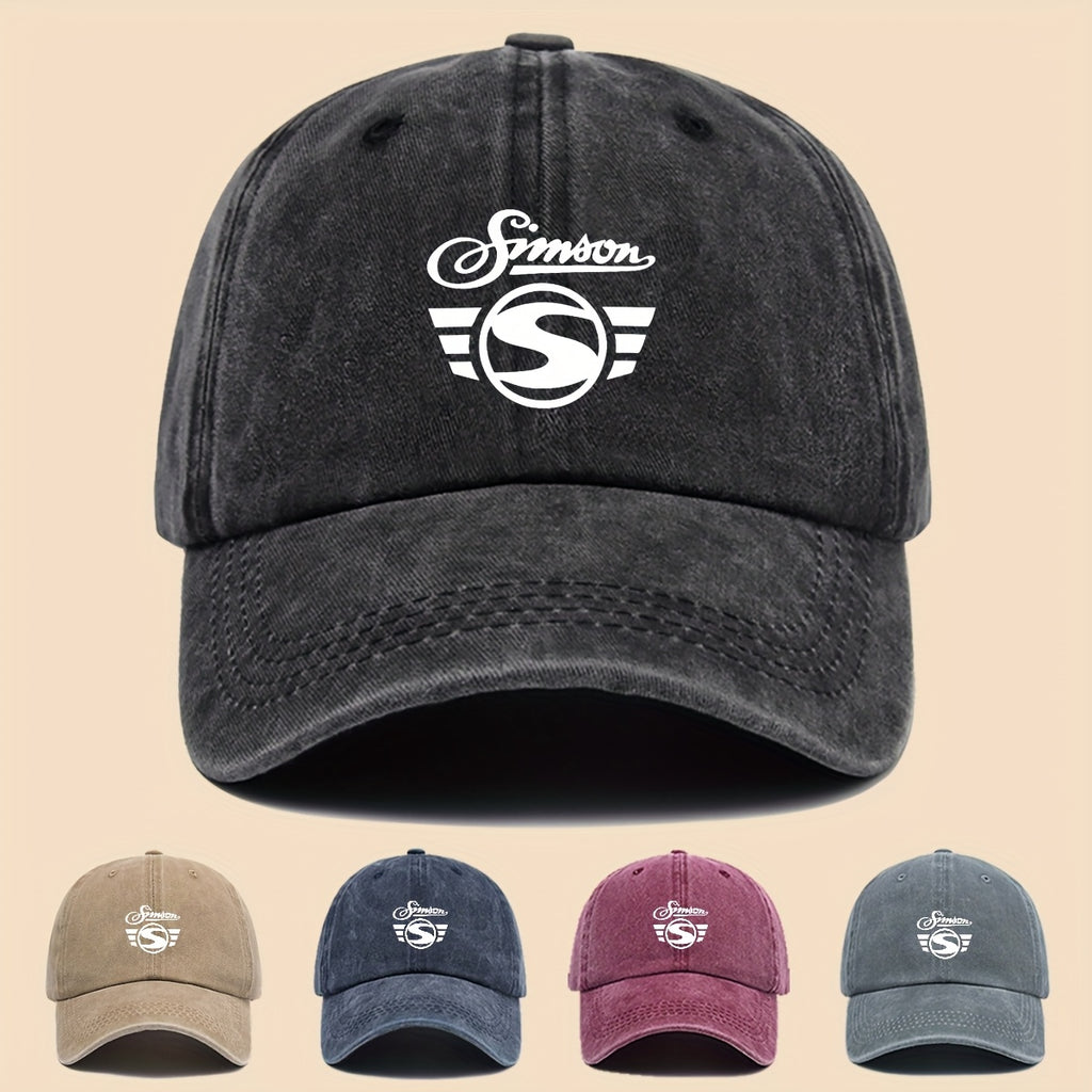 1pc Men's "Simson" Logo Graphic Print Baseball Cap Black Polyester Duckbill Hat with White Geometric Print Breathable Comfort Solid Color Simple  Soft Top Curved Brim Dad Hat Adjustable Size Unisex Casual Skateboard Cap Summer Leisure Accessories