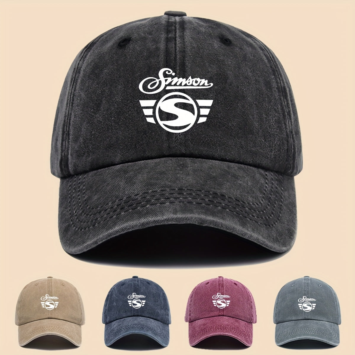 1pc Men's "Simson" Logo Graphic Print Baseball Cap Black Polyester Duckbill Hat with White Geometric Print Breathable Comfort Solid Color Simple  Soft Top Curved Brim Dad Hat Adjustable Size Unisex Casual Skateboard Cap Summer Leisure Accessories