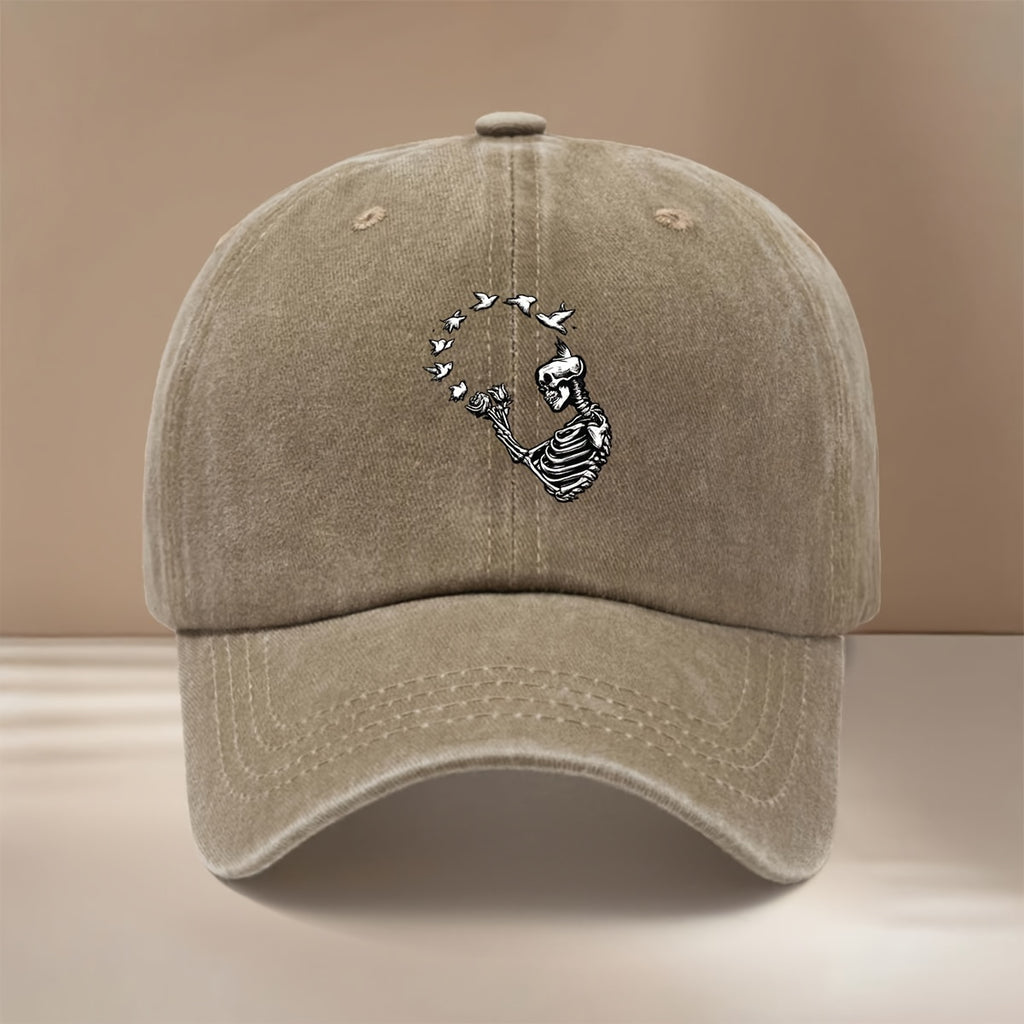 A Relaxed Six-Panel Baseball Cap Featuring a Skull And Bird Design, Suitable for Both Men And Women. This Vintage-Style Hat Is Perfect for Parties, Camping, And Hip-Hop Outfits. It'S Lightweight, Stylish, And Has a Comfortable Fit