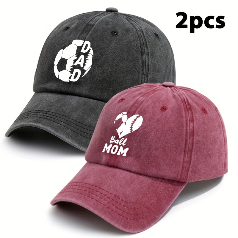 Parents' 2pcs Printed Football Heart-shaped Letter Vintage Soft-top Baseball Cap, Adjustable Style, Suitable for Daily Wear in All Seasons, an Essential Fashion Hat for Outdoor Sports, Fishing, and Camping