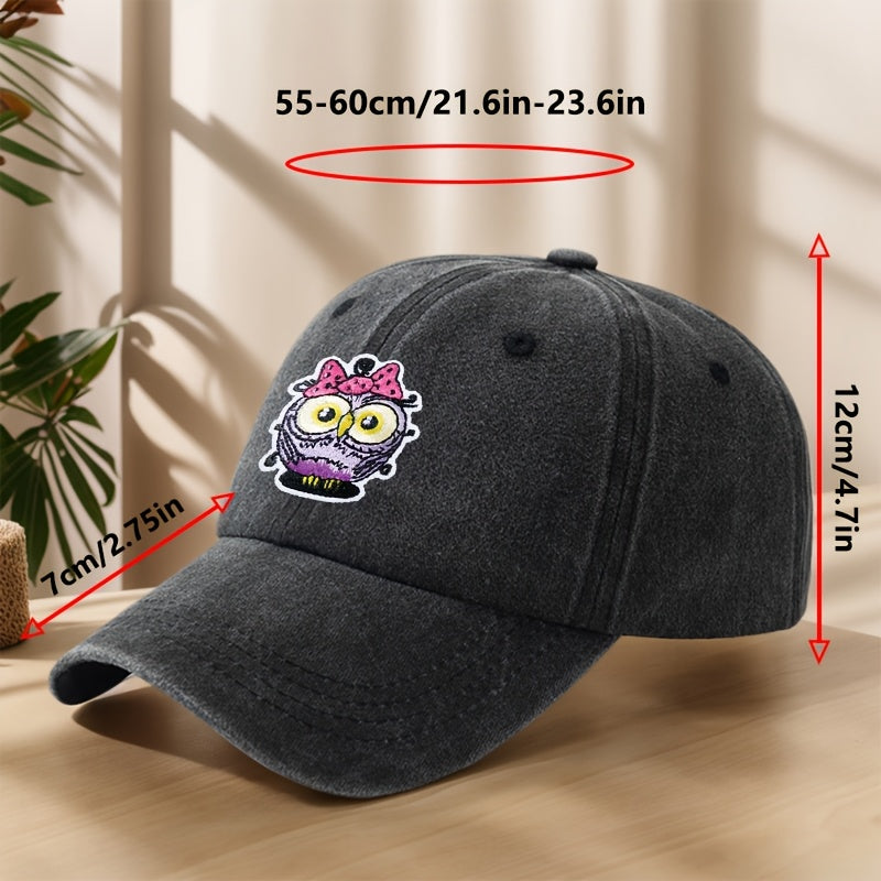 Vintage Washed Duckbill Baseball Cap with Owl Patch - Distressed Soft Breathable Sweat-Absorbent Suitable for Outdoor,, Camping, Fishing, Streetwear Hat, Washed Retro for Climbing and Casual Wear