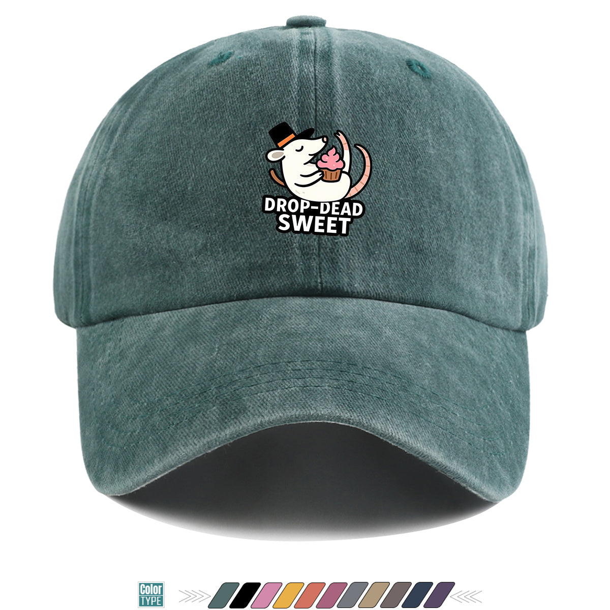 1pc 1pcs "DROP-DEAD SWEET" Mouse Top Hat & Cupcake Print Cap - Adjustable Unisex Baseball Hat Suitable for Parties, Travel, Daily Wear - Cute, Themed Outfits, Street Style for Men & Women (Powder Cream Cupcake)