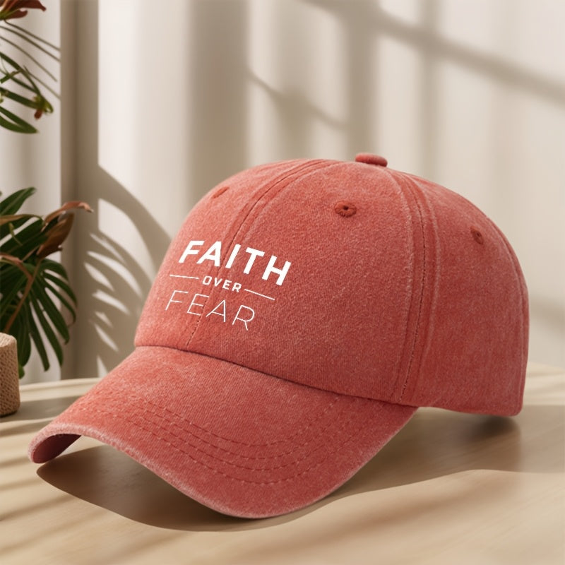 FAITH OVER FEAR字母印画棒球帽经典水洗复古做旧鸭舌帽户外休闲运动逛街度假旅行遮阳帽子轻便柔软舒适吸汗透气帽子个性街头嘻哈帽