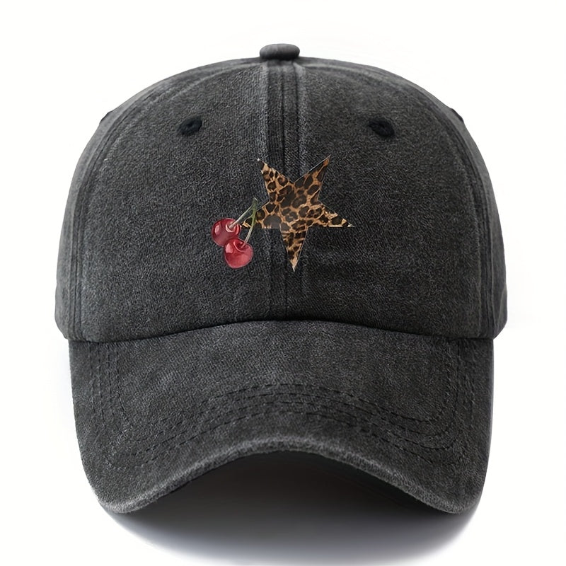 Unisex Fashion Versatile Printed Cherry Leopard Print Five-Pointed Star Baseball Cap, Classic Retro Washed Outdoor Lightweight Curved Brim Cap, Trucker Baseball Cap, Suitable for Outdoor Vacations, Travel, Camping, And Other Leisure Occasions