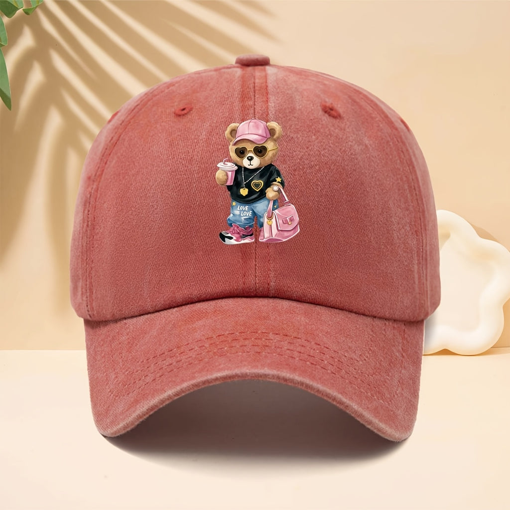 Baseball Cap with a Trendy and Cool Teddy Bear Print, Featuring an American Street-style Aesthetic. This Adorable and Fun Personality-driven Casual Snapback Is Perfect for Strolling, Shopping, Traveling, Gatherings, Vacations, and Parties. The Curved