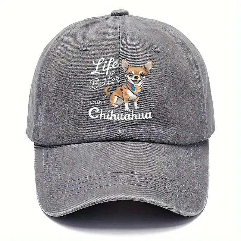Adjustable "with Chihuahua Life Is Better"  Cap- Breathable Lightweight Viscose Fabric, Hand Wash Only, Suitable for Outdoor Sports and Casual Wear