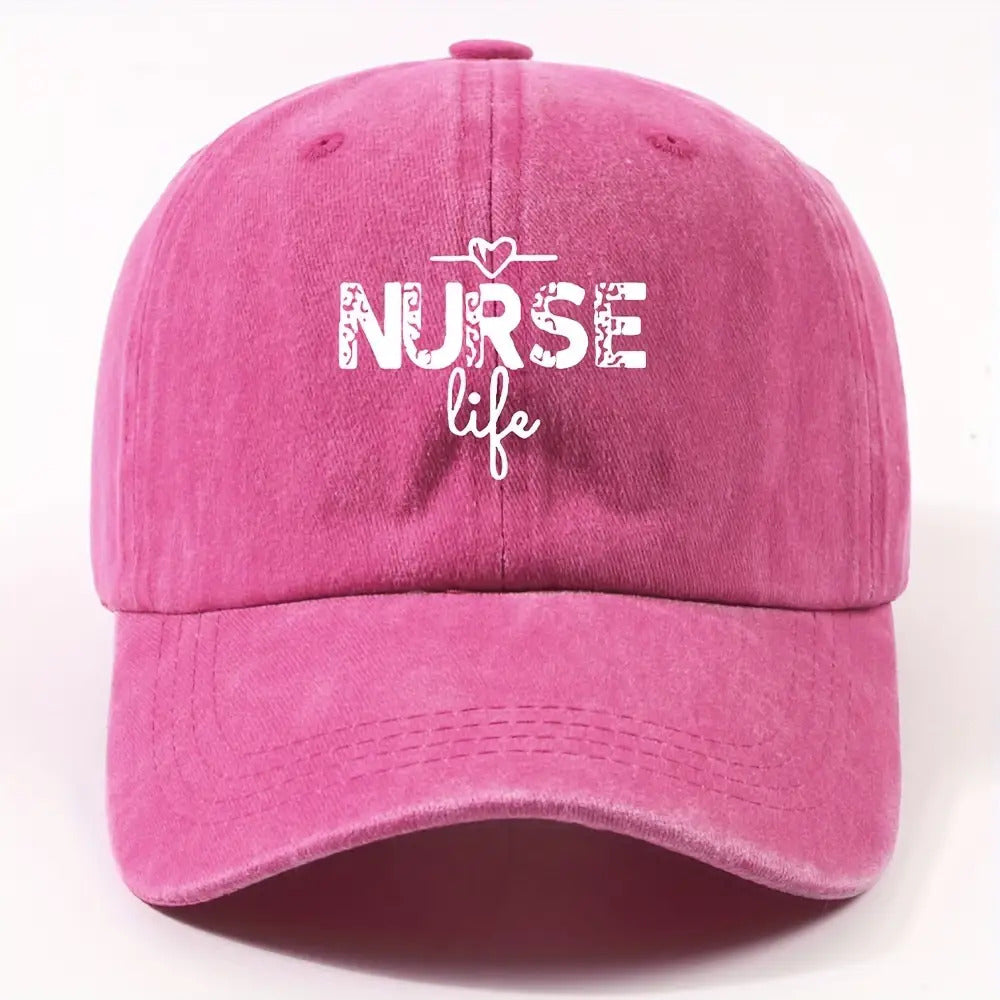 1 Fashion Nurse Letter Washed Baseball Cap Unisex Adjustable Brim Sun Hat Shopping Cycling Skateboarding Trendy Baseball Cap,  Casual Wear, Sporty Style, Geometric Pattern, Metal Buckle Closure, Durable Material, Unisex Headwear, Men And Women