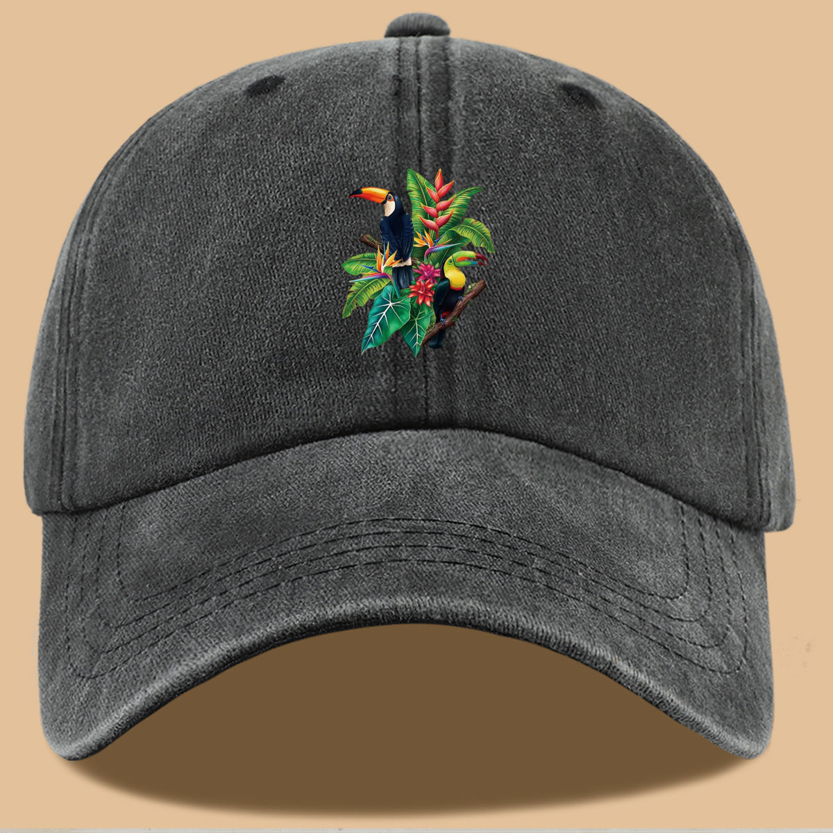 1pc Tropical Rainforest Theme Toucan Print Baseball Cap, Tropical Plant Floral Pattern Sun Hat, Fashionable And Individual Aesthetic Unisex Baseball Cap, Adjustable Size Outdoor Casual Sun Hat, Suitable for Vacation, Travel, Camping, Picnic