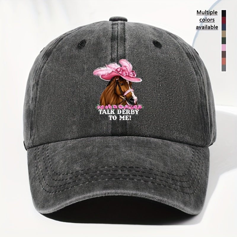 Unisex Adjustable Baseball Cap, Pink Horse Pattern with "Talk Derby to Me!" Print - Lightweight 100%, Machine Washable Vintage Design, Ideal for Casual Outdoor And Daily Wear