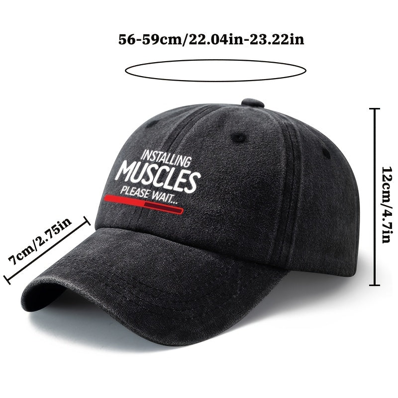 A Unisex Fashionable and Versatile Printed "MUSCLES" Baseball Cap, Featuring a Classic Vintage Washed Outdoor Lightweight Curved Brim. This Trucker Baseball Cap Is Suitable for Casual Occasions Such as Outdoor Vacations, Travel, and Camping. It Also