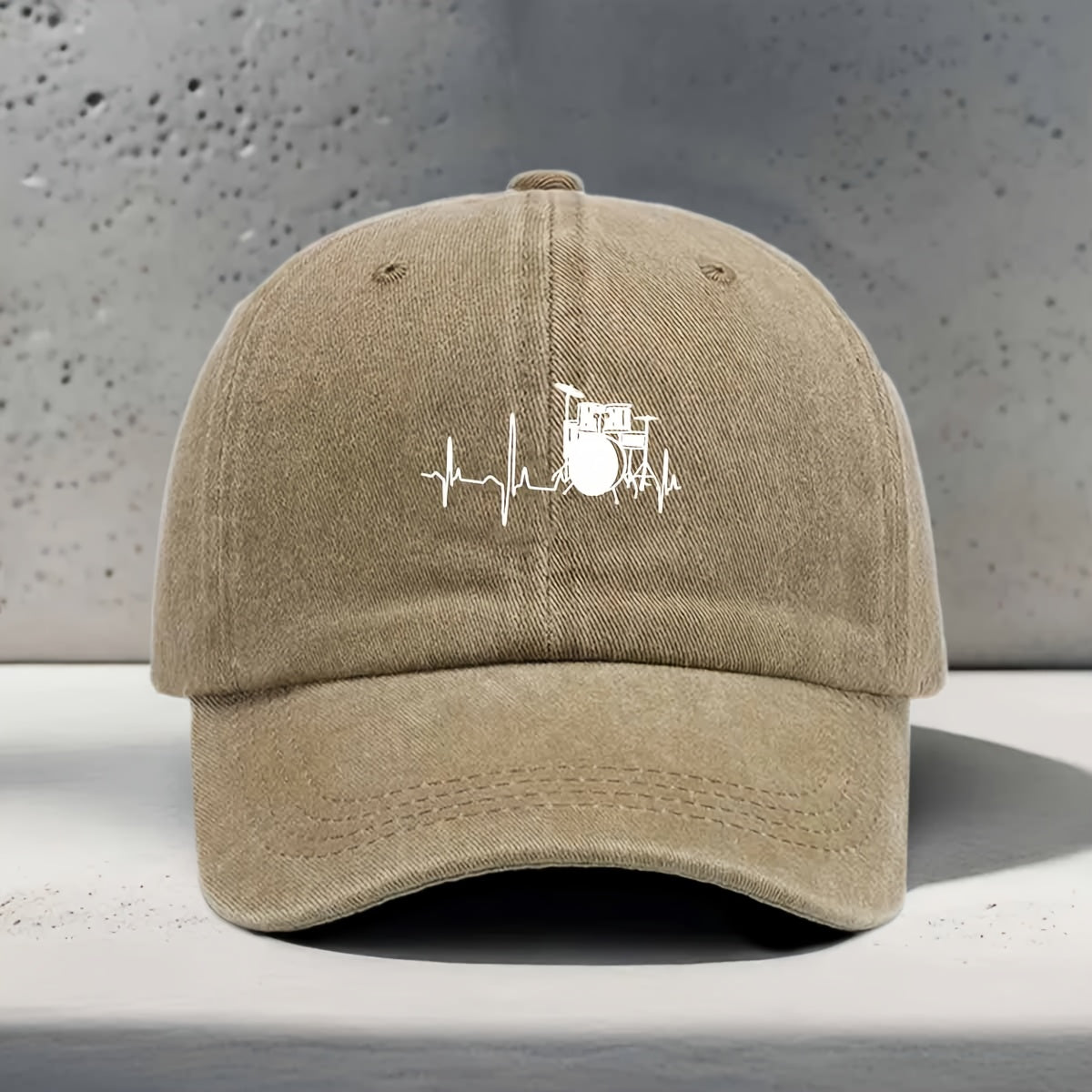 Men's & Women's Baseball Cap with Music-Themed Drum Print & Heartbeat Line - Adjustable Snapback Curved Brim Hat Suitable for Music Festivals, Outdoor Sports, Daily Wear - Washed Unisex Drummer Cap for Concerts and Casual Outfits