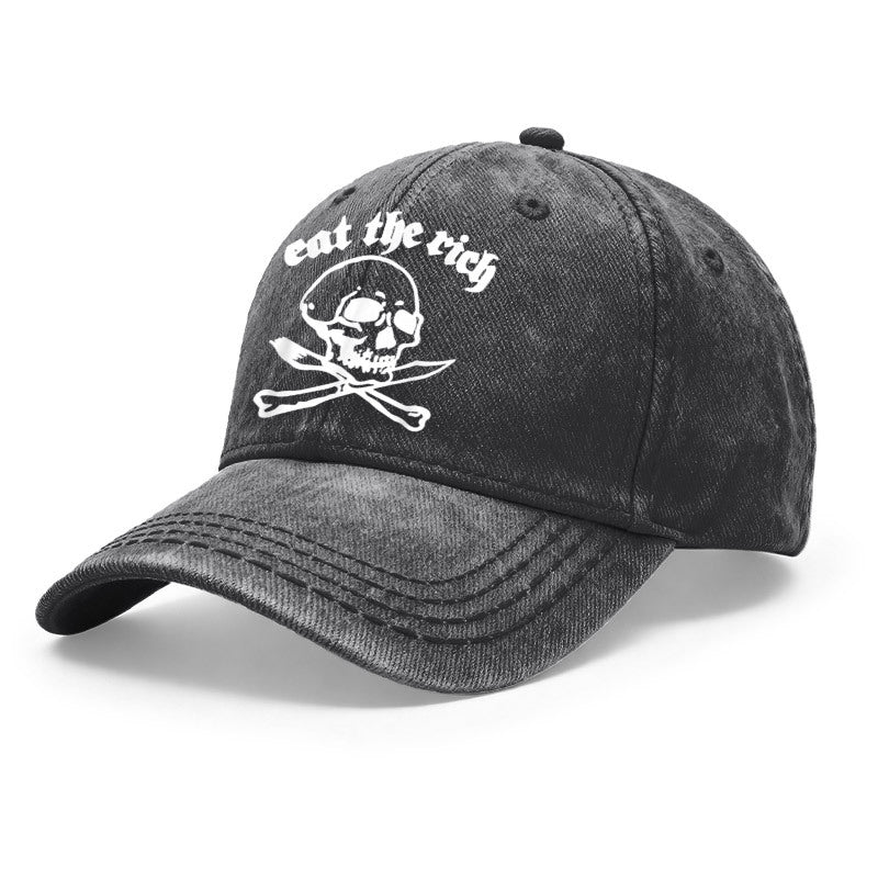 1pc Gothic Punk Baseball with Eat The Rich Skull Print - Adjustable Unisex Hat Suitable for Men & Women, Vintage Washed Design for Outdoor, Casual Wear, Gifts for Goth Subculture Fashion, Iconic Gothic Style