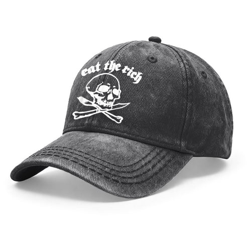 1pc Gothic Punk Baseball with Eat The Rich Skull Print - Adjustable Unisex Hat Suitable for Men & Women, Vintage Washed Design for Outdoor, Casual Wear, Gifts for Goth Subculture Fashion, Iconic Gothic Style