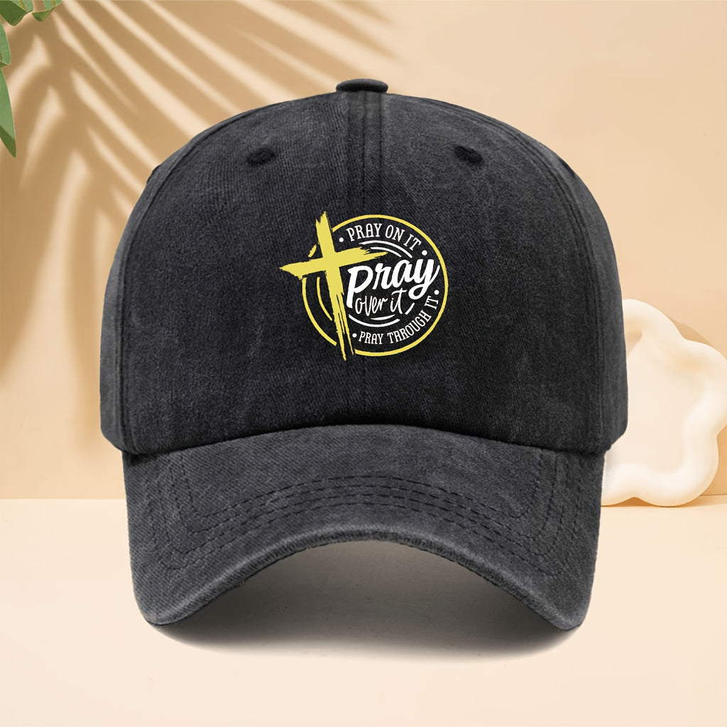 Yellow Cross Circle Pray Over It Pattern Printed Baseball Cap Reverent Retro Faith Design Style Curved Brim Hat for Walking, Gatherings, Dates, Shopping, Vacation, Travel