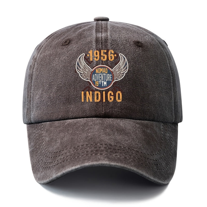 A Unisex Fashionable and Versatile 1956 INDIGO Printed Baseball Cap, Featuring a Classic Vintage Washed Outdoor Lightweight Curved Brim. This Trucker Baseball Cap Is Suitable for Casual Occasions Such as Outdoor Vacations, Travel, and Camping
