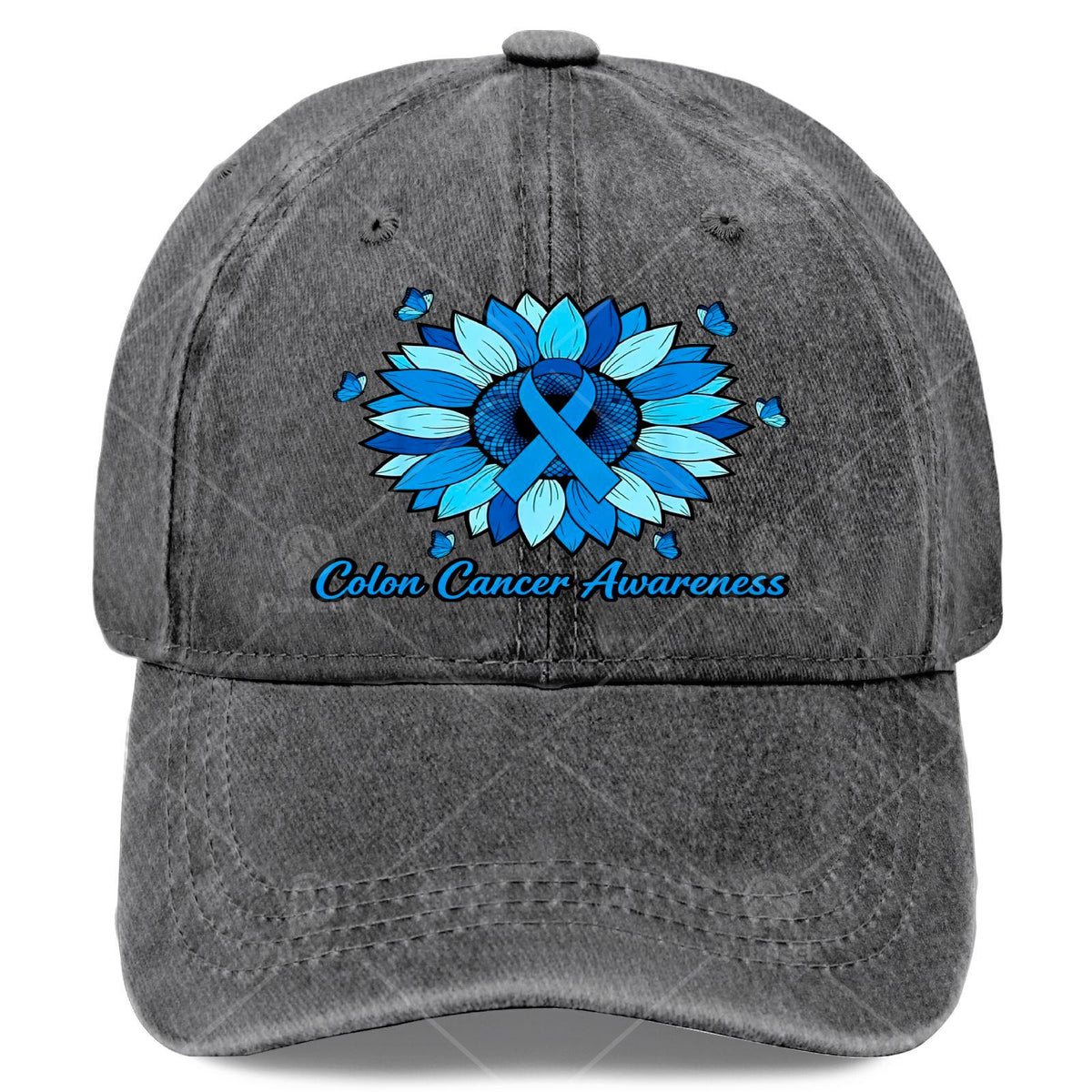 Cool Unisex Baseball Cap with a Blue Ribbon and Sunflower, Used for Colon Cancer Month Promotion