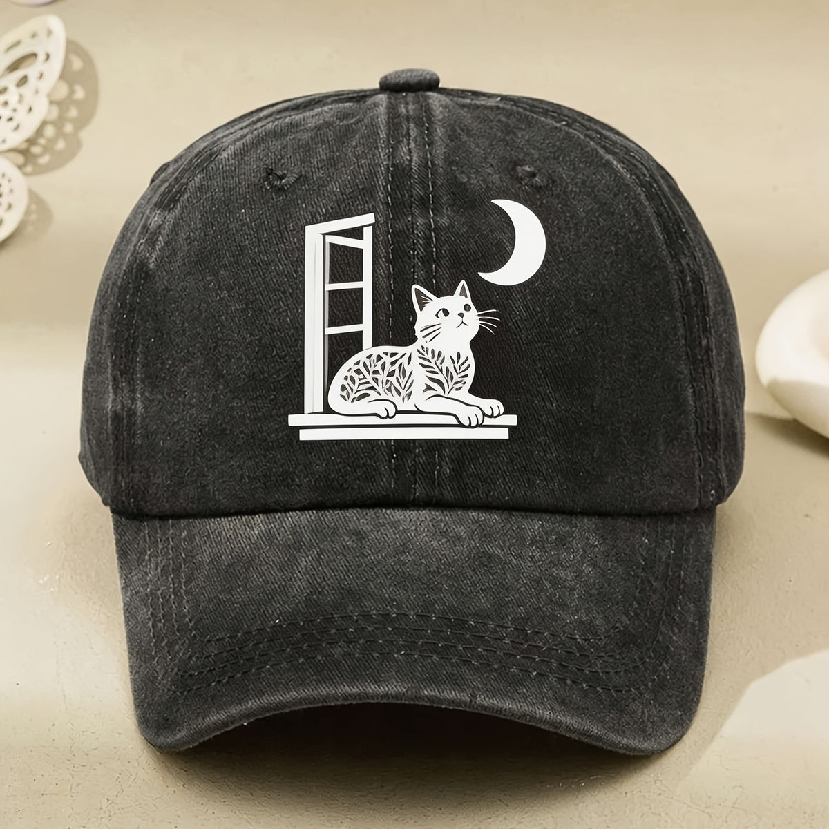 Men' & Women' Vintage Cat & Moon Window Design Cap - Adjustable Pull-String Closure, Full Cat Print Retro Baseball Hat, Machine Washable Casual Streetwear Gift Suitable for Parties, Casual Attire, Themed Events