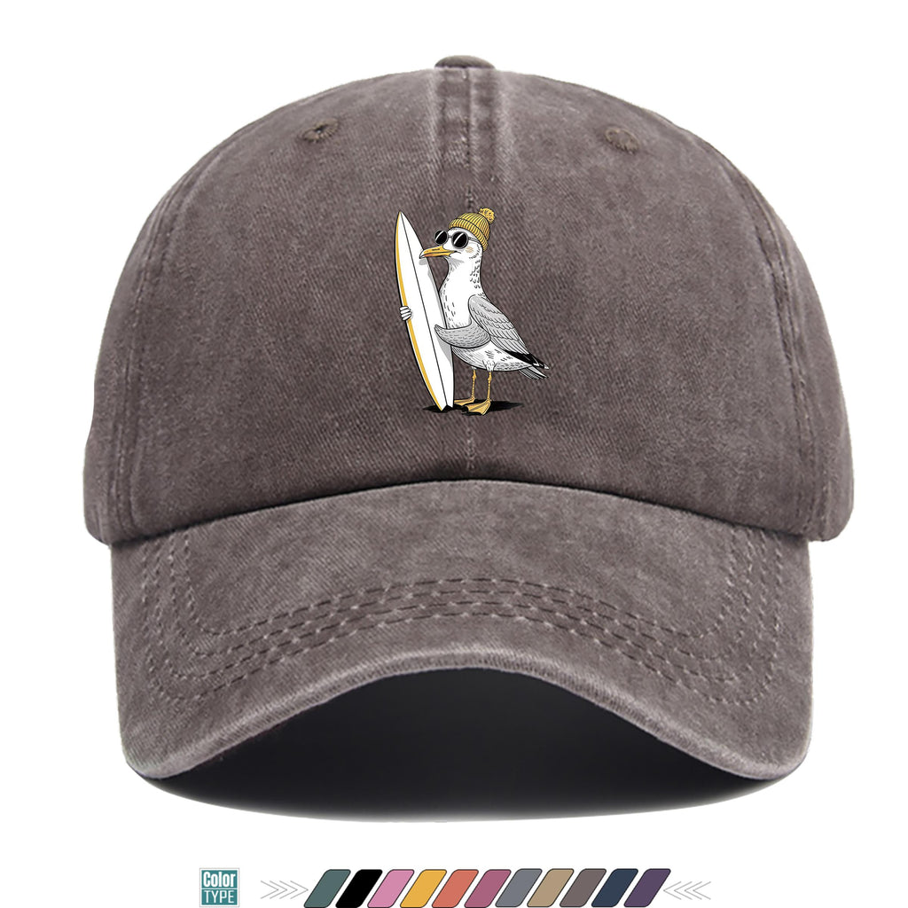 1pc Cute Cartoon Pigeon And Surfboard Pattern Design Printed Baseball Cap, Summer Casual Clothing Accessory, Black Papa Trucker Hat, Breathable Comfortable Solid Easy Vintage Soft Top Dad Hat, Unisex Adjustable Size Youth Couple Skateboard Hat