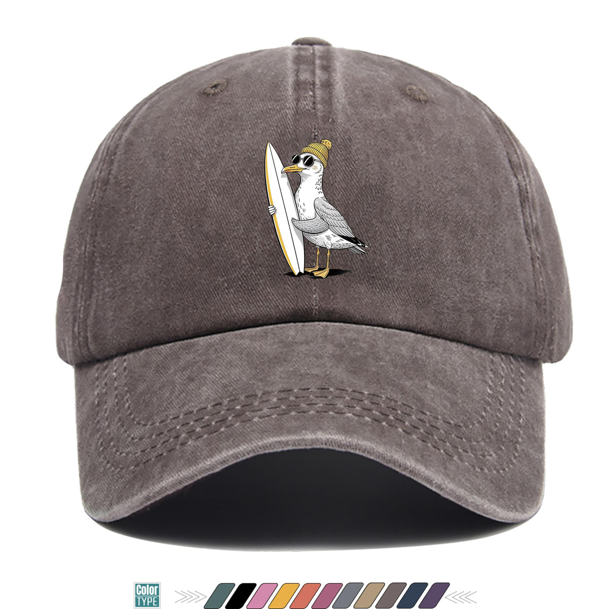 1pc Cute Cartoon Pigeon And Surfboard Pattern Design Printed Baseball Cap, Summer Casual Clothing Accessory, Black Papa Trucker Hat, Breathable Comfortable Solid Easy Vintage Soft Top Dad Hat, Unisex Adjustable Size Youth Couple Skateboard Hat