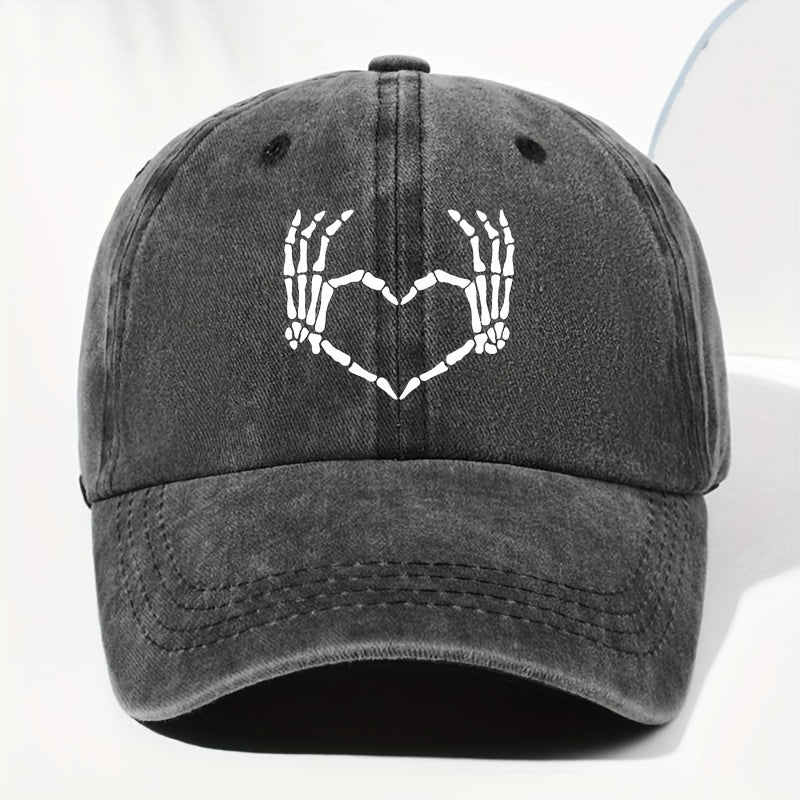 Men' & Women' Vintage Washed Baseball Cap with Heart & Skull Print - Adjustable Trucker Hat Suitable for All Seasons, Outdoor, Casual Wear, Retro Washed Style, Unisex for Daily Use, Driving,, and Everyday Fashion