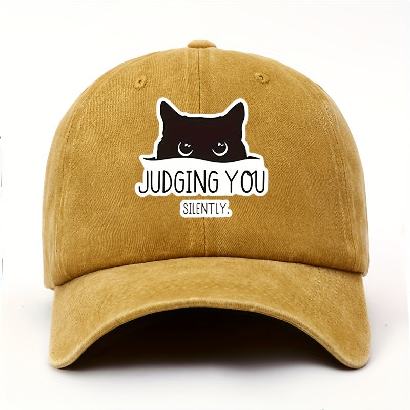 Vintage-Style Adjustable Baseball Cap Featuring a Cat Design with The Words "Silently Judging You"
