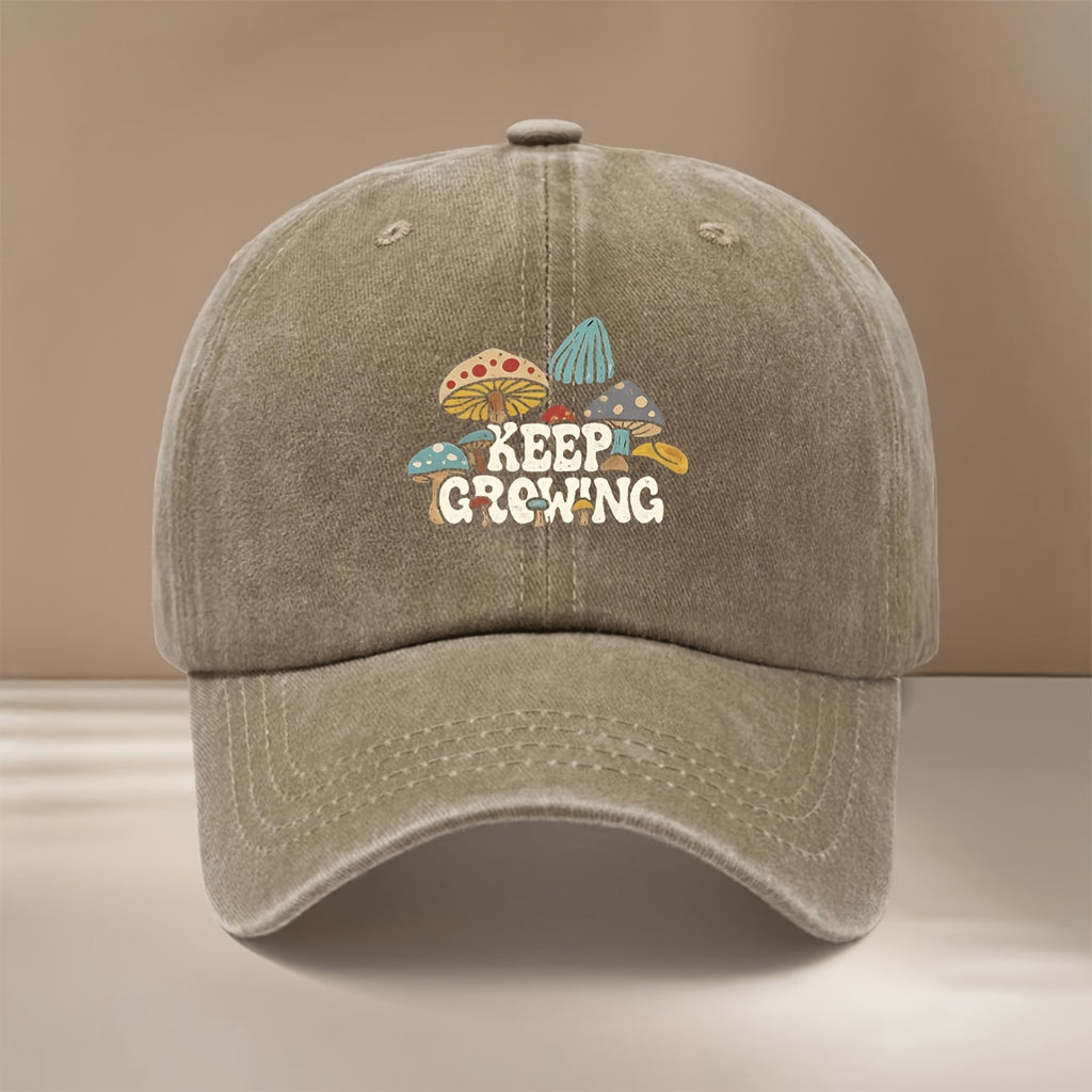 Baseball Cap with "KEEP GROWING" Text and Mushroom Pattern, Suitable for Vacations, Travel, Dinners, and Camping. Six-panel Design with Adjustable Size, Textured Hip-hop Style. Comfortable and Lightweight Curved-brim Cap, Unisex Snapback, Casual Hat
