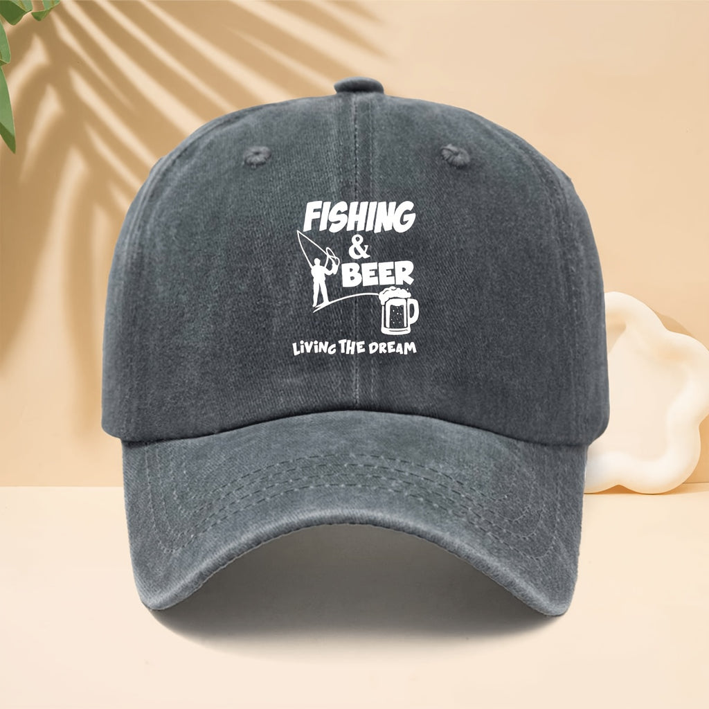 Baseball Cap with FISHING BEER Silhouette Print, American Casual Outdoor Lifestyle Design, Adjustable Size Unisex Casual Hat, All-Season Versatile Neutral Style, Curved Brim Hat for Outdoor Fishing, Parties, And Hip-Hop Style, Soft Top Design