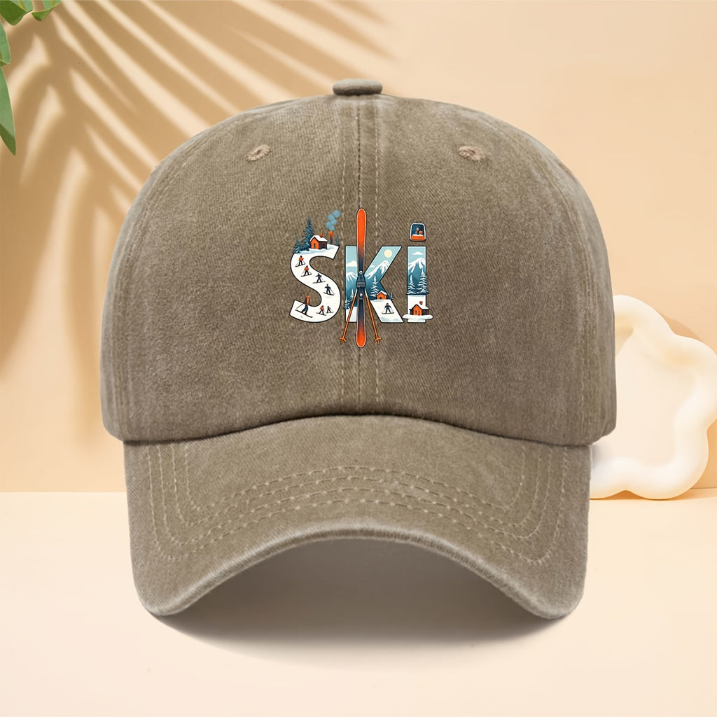 A Printed Baseball Cap with Ski-Related Elements And Patterns, Suitable for Outdoor Sports, a Six-Panel Hat for Men And Women, Couple'S Fashion, a Duckbill Cap with an Adjustable Soft Brim, Washed And Distressed Curved Brim Hat
