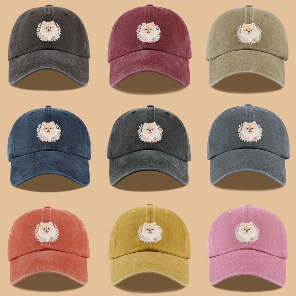 1pc Cute Pomeranian Dog Floral Surround Print Baseball Cap, Adorable Cartoon Breathable Sun Hat, Fashionable Fresh Aesthetic Unisex Cap, Adjustable Size Casual Streetwear, Campus Student Hat, Suitable for Daily Commuting, Park Outings