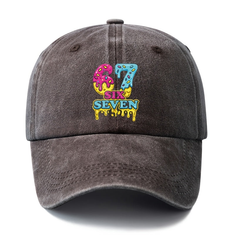 Unisex, Fashionable And Versatile Printed Cream Donut 67 SIX SEVEN Baseball Cap, Classic Retro Washed Outdoor Lightweight Curved Brim Cap, Suitable for Outdoor Vacations, Travel, Camping, And Other Casual Occasions, Hip-Hop Cap for Holiday Parties