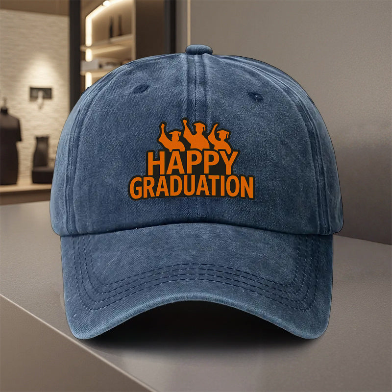 A Versatile Baseball Cap Featuring a 'Happy Graduation' Design, Made from Lightweight Polyester with Printed Craftsmanship. It'S Perfect for Outdoor Sports And Camping Enthusiasts, Trendy for Couples, Suitable As a Golf Cap, Trucker Hat