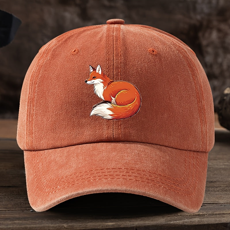 Fun Fox Print Baseball Cap Classic Washed Distressed Retro Curved Brim Hat Outdoor Casual Sports Running Hiking Camping Fishing Hat Soft Comfortable Dad Hat Individual Street Rock Hip-Hop Hat