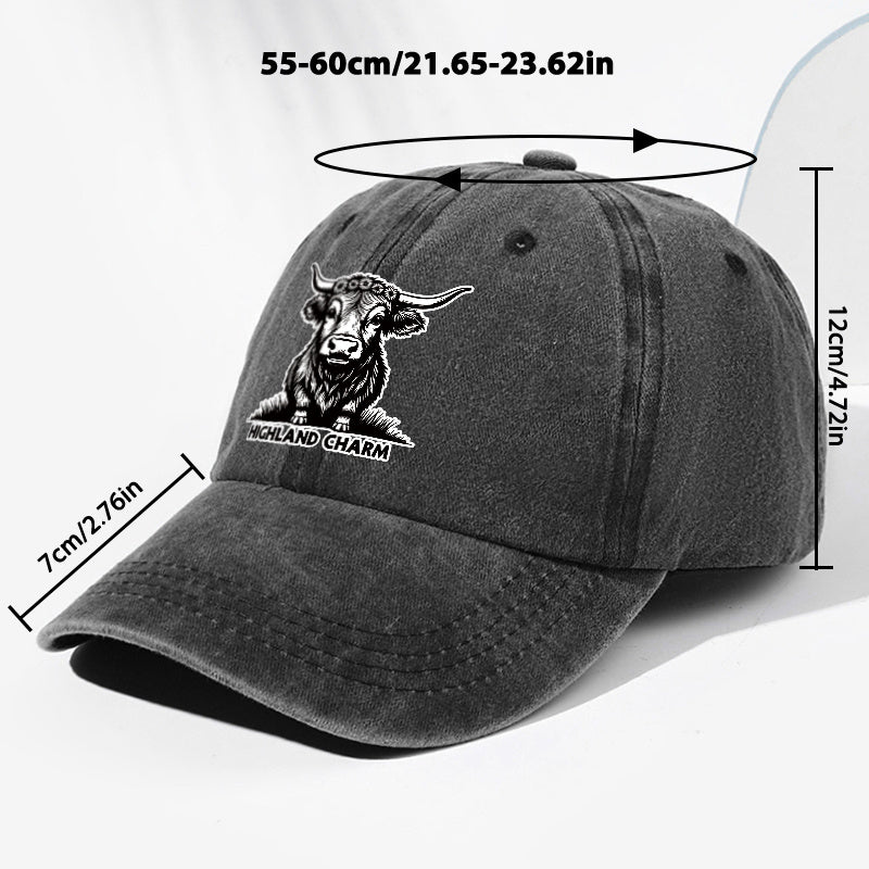 Unisex Small Cow HIGHLAND CHARM Animal Print Washed Vintage Baseball Cap Fashion Men Women Sun Hat Adjustable Size Trucker Hat Suitable for All Seasons Daily Wear