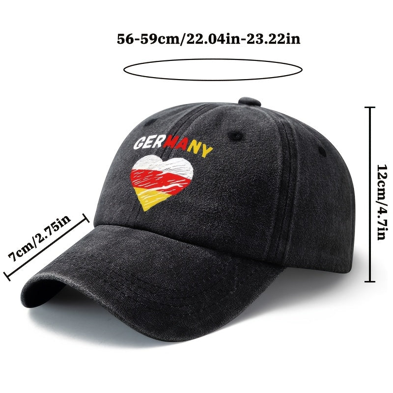A Unisex Fashionable and Versatile Printed GERMANY Heart Baseball Cap, Featuring a Classic Vintage Washed Outdoor Lightweight Curved Brim. This Trucker Baseball Cap Is Suitable for Casual Occasions Such as Outdoor Vacations, Travel, and Camping