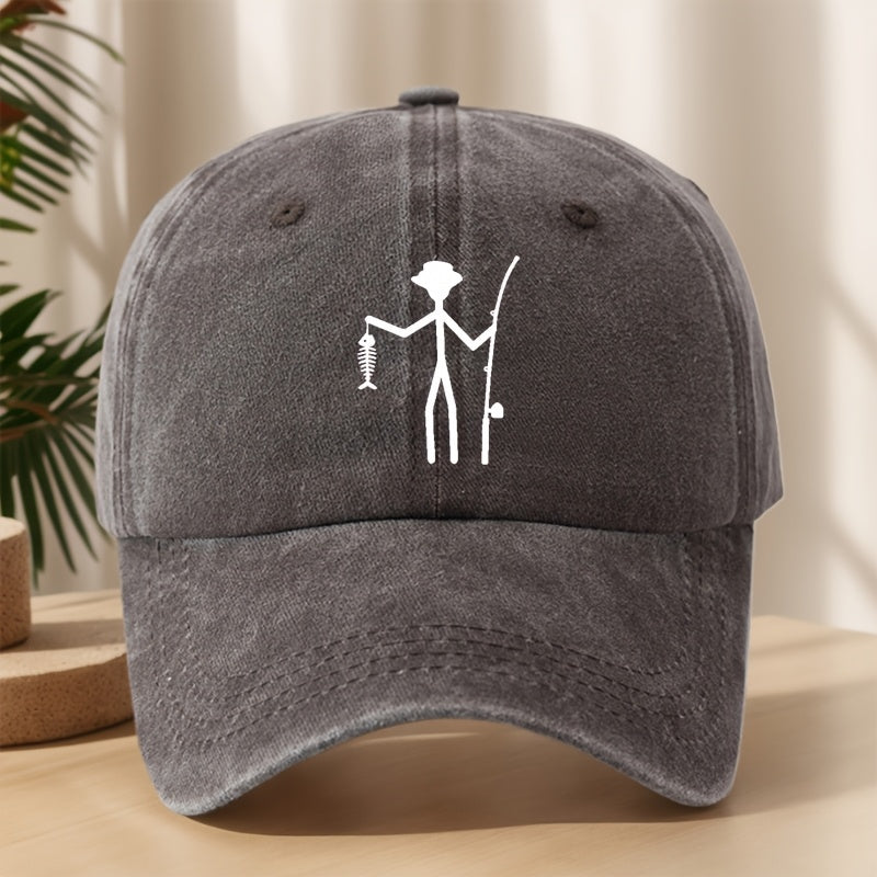 Creative Design Fishing Print Baseball Cap Classic Washed Vintage Duckbill Hat Soft Comfortable Sweat-Absorbing Breathable Hat Outdoor Leisure Sports Fishing Camping Adjustable Sun Hat