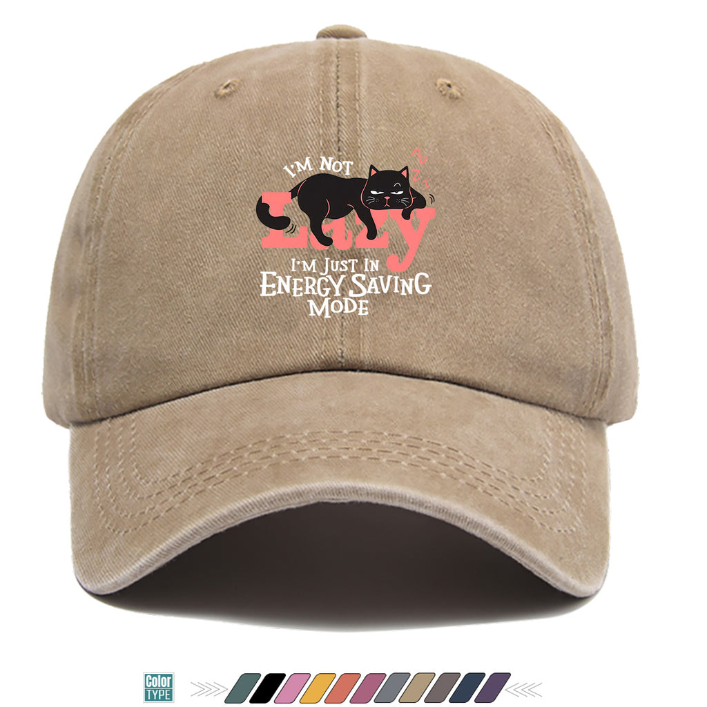 1pc "LAZY" Letter Print Baseball Cap with Lazy Black Cat Print, Fashionable Casual Duckbill Cap, Unisex Adjustable Street Style Sun Hat, for Daily Outings, Café Lounging, Weekend Lounging, Friend Gatherings, Daily Wear, Shopping, Park Strolls