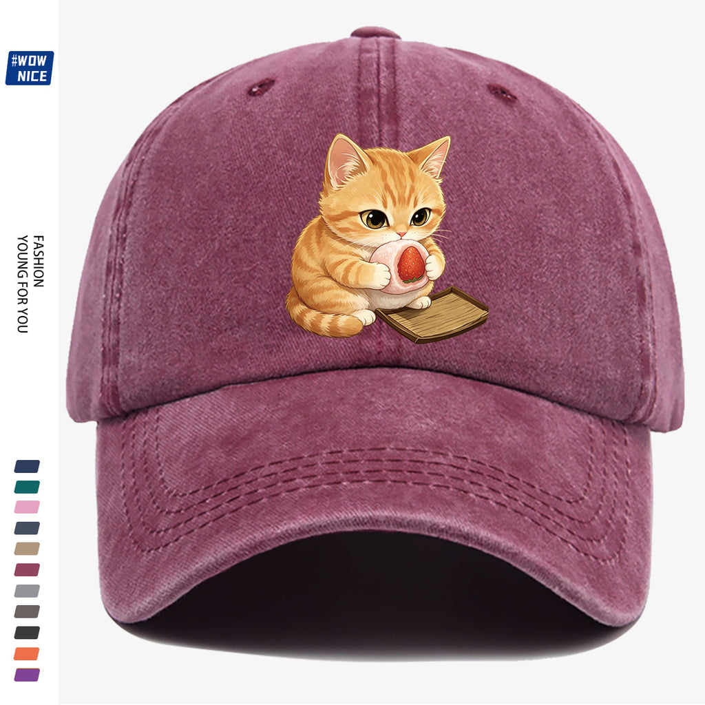 1pc Orange Striped Kitten Holding Strawberry Big Stamp Pattern Baseball Cap, Cute And Playful Fashion Casual Unisex Adjustable Size, Daily Outing, Coffee Shop Gathering, Park Stroll, Shopping Fun, Best Friend Date, Weekend Picnic, Relaxed Commute