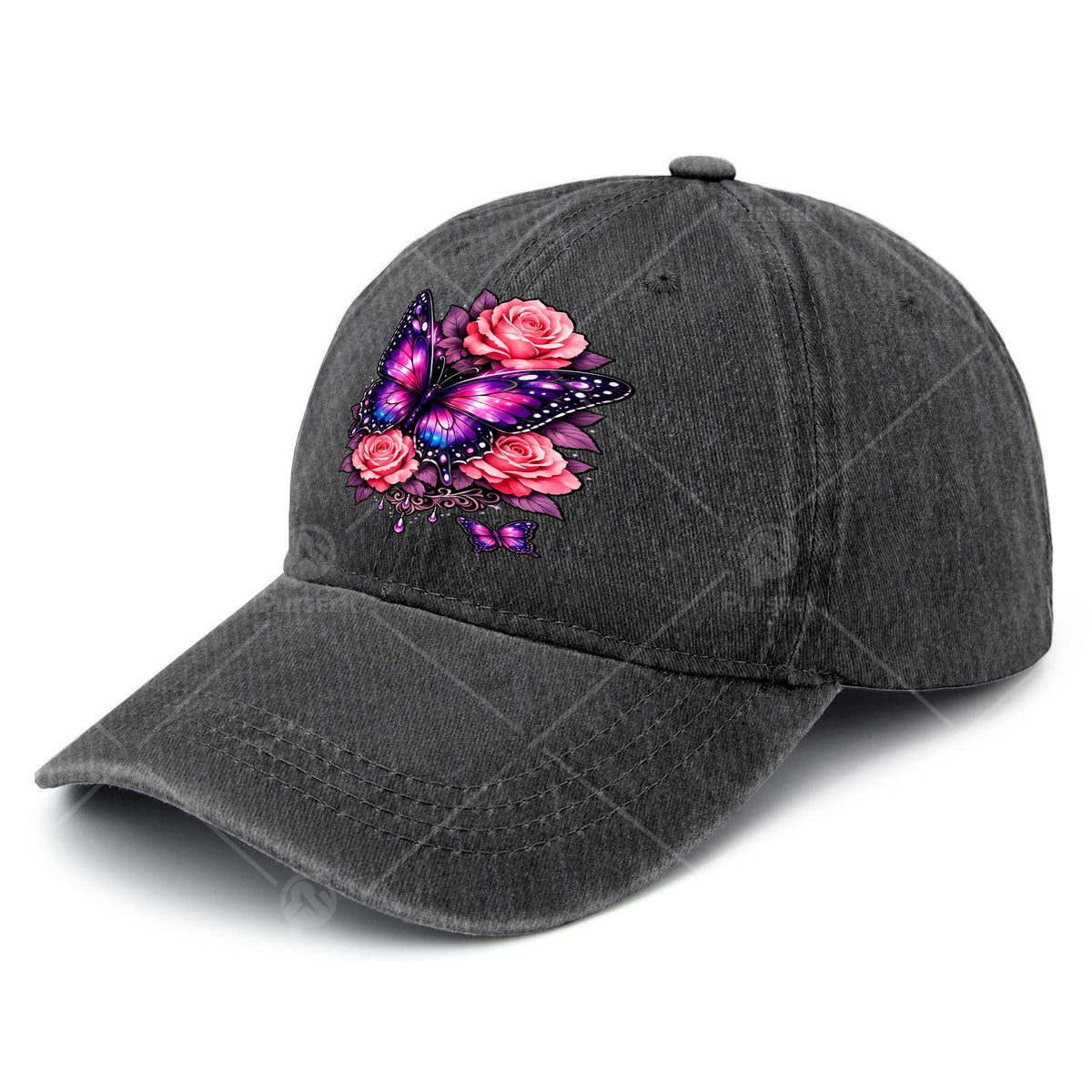 Men' & Women' Classic Baseball Cap with Butterfly & Purple Rose Print - Adjustable Pull-String Closure, Machine Washable Sporty Hat Suitable for Butterfly Enthusiasts, Casual Wear, Outdoor Activities, Gift