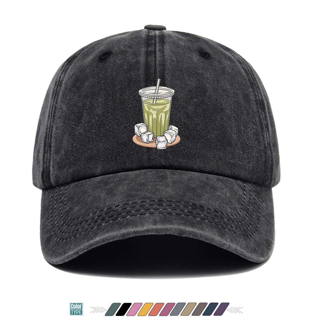 1pc Teal Green Beverage Print Baseball Cap, Featuring a Cup with a Straw, Ice Cubes Scattered Near the Cup, and a Colorful Striped Background. A Stylish and Casual Sun Hat, Unisex and Adjustable. Suitable for Street Trendsetters, Coffee Lovers