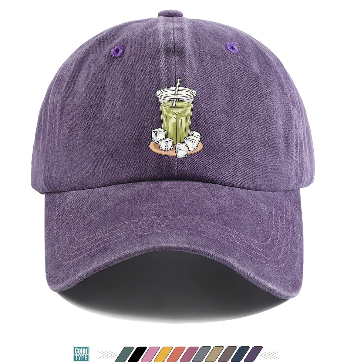1pc Teal Green Beverage Print Baseball Cap, Featuring a Cup with a Straw, Ice Cubes Scattered Near the Cup, and a Colorful Striped Background. A Stylish and Casual Sun Hat, Unisex and Adjustable. Suitable for Street Trendsetters, Coffee Lovers