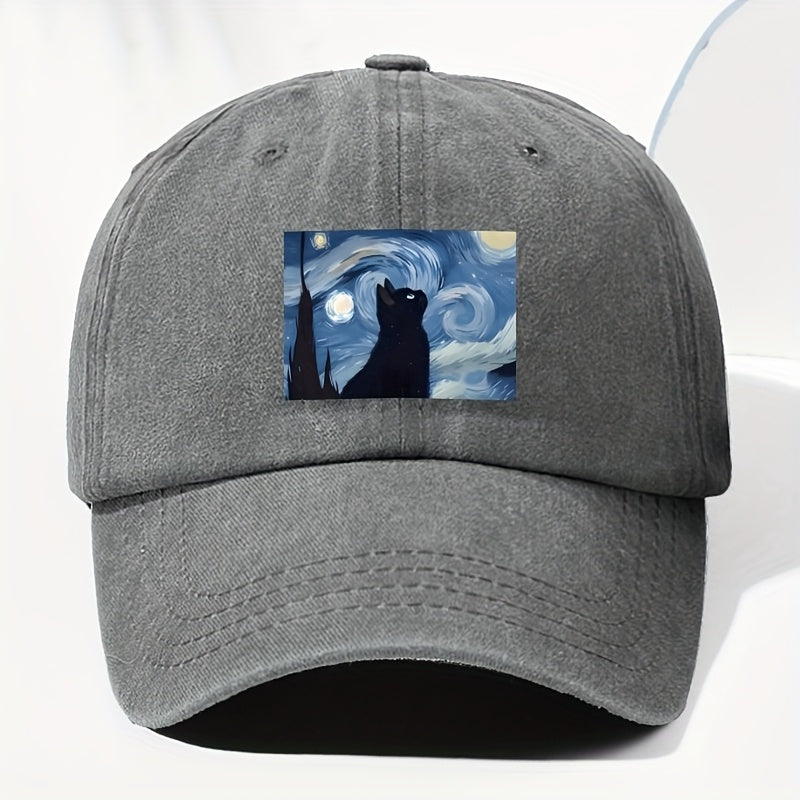 Unisex Cat Animal Print Washed Vintage Baseball Cap, Fashionable Sun Outdoor Hat for Men and Women, Adjustable Fit Trucker Hat Suitable for All Seasons and Daily Wear