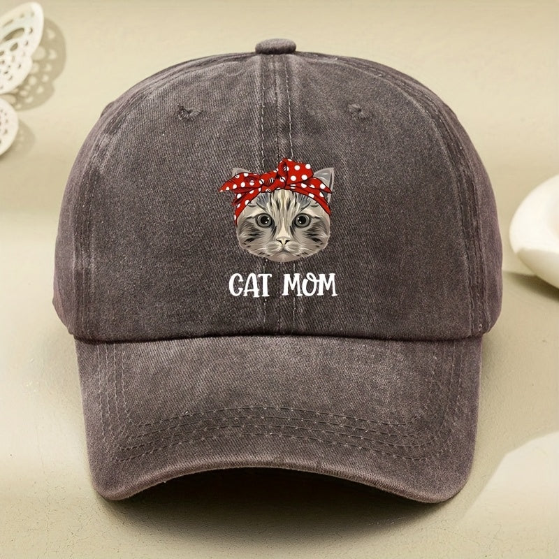 CAT MOM Cartoon Print Washed Vintage Soft Top Baseball Cap, Unisex, Washed Vintage Cap, Men's Hat, Women's Hat