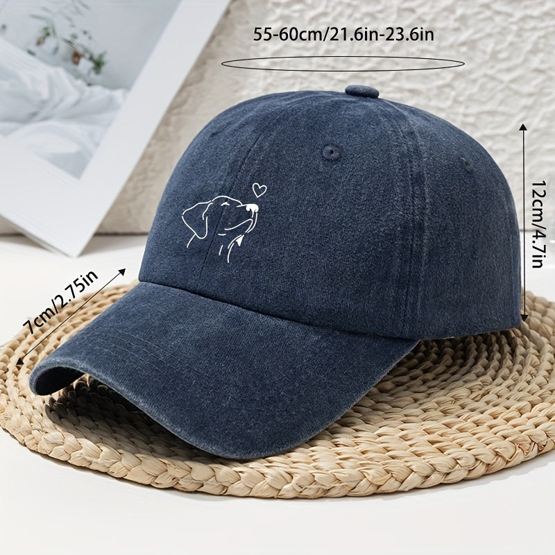 Women's Vintage Washed White Baseball Cap with Black Labrador Print- Soft and Lightweight All-Season Non-Elastic Cap, Wide Brim Design, Suitable for Leisure and Dog Walking, Hand Washable Pet Lover Accessory, Women's Hat, Women's Hat, Women's Hat, W