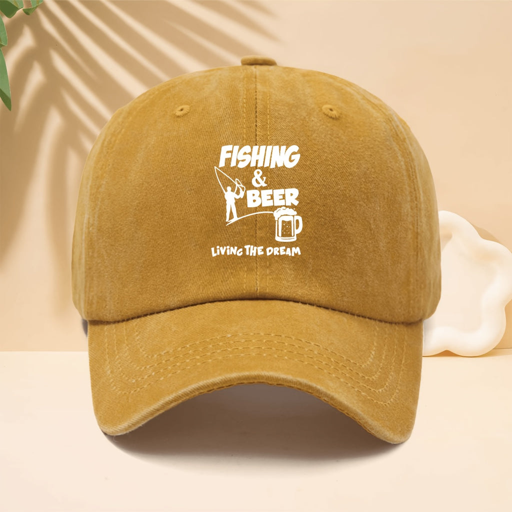 Baseball Cap with FISHING BEER Silhouette Print, American Casual Outdoor Lifestyle Design, Adjustable Size Unisex Casual Hat, All-Season Versatile Neutral Style, Curved Brim Hat for Outdoor Fishing, Parties, And Hip-Hop Style, Soft Top Design